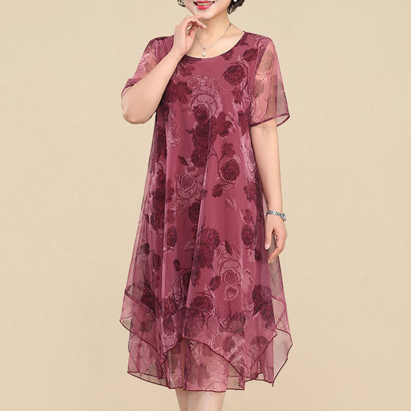Midi Skirt Floral - NEW O-Neck Short Sleeve Dresses Vintage