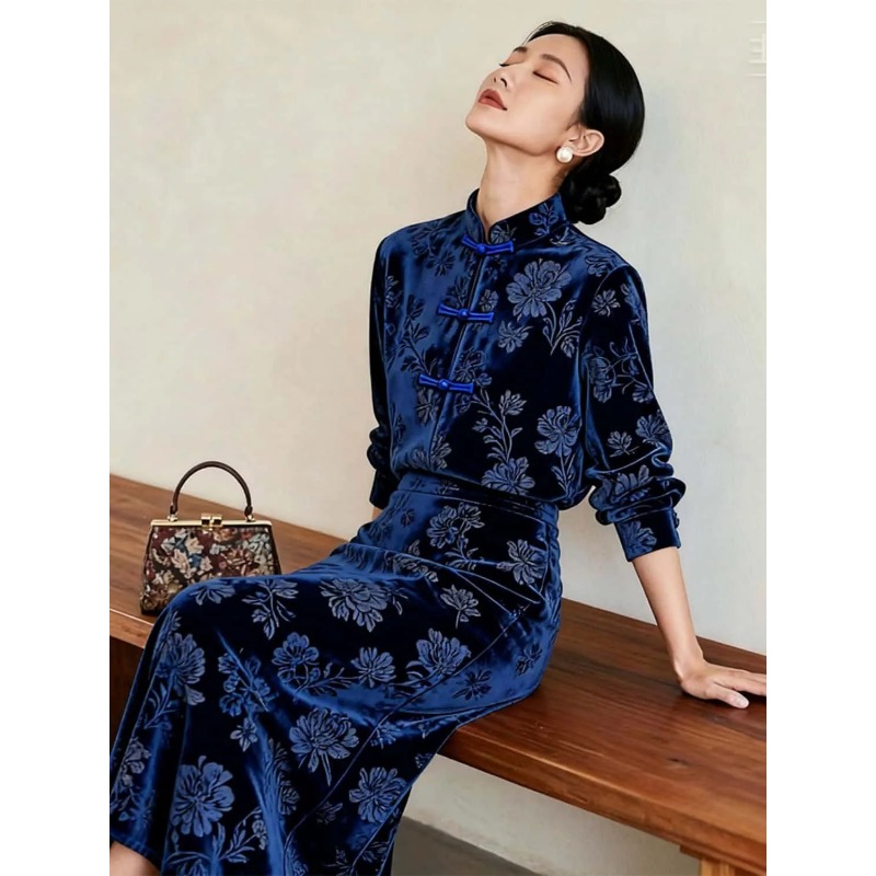 Women New Chinese Style Velvet - đánh giá và giá Midi Skirt Floral