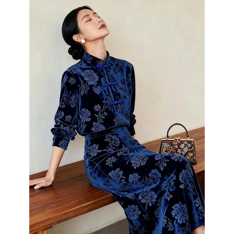 Women New Chinese Style Velvet - đánh giá và giá Midi Skirt Floral