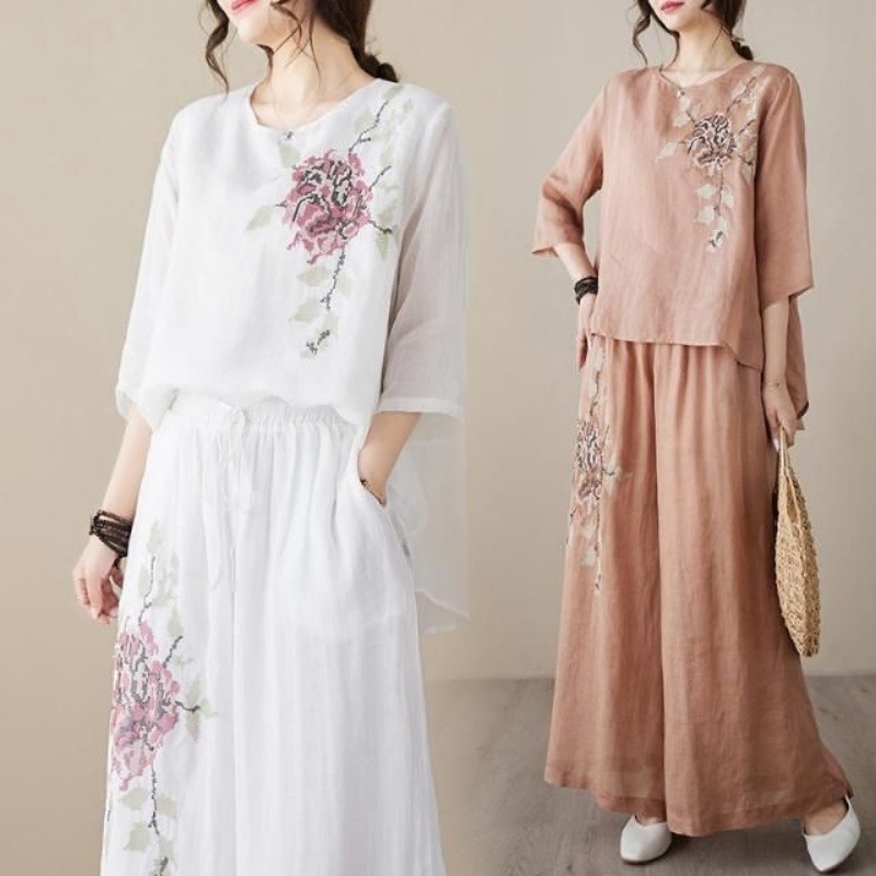 Linen Cotton Two Piece Set Wom - đánh giá và giá Linen Pant Wide